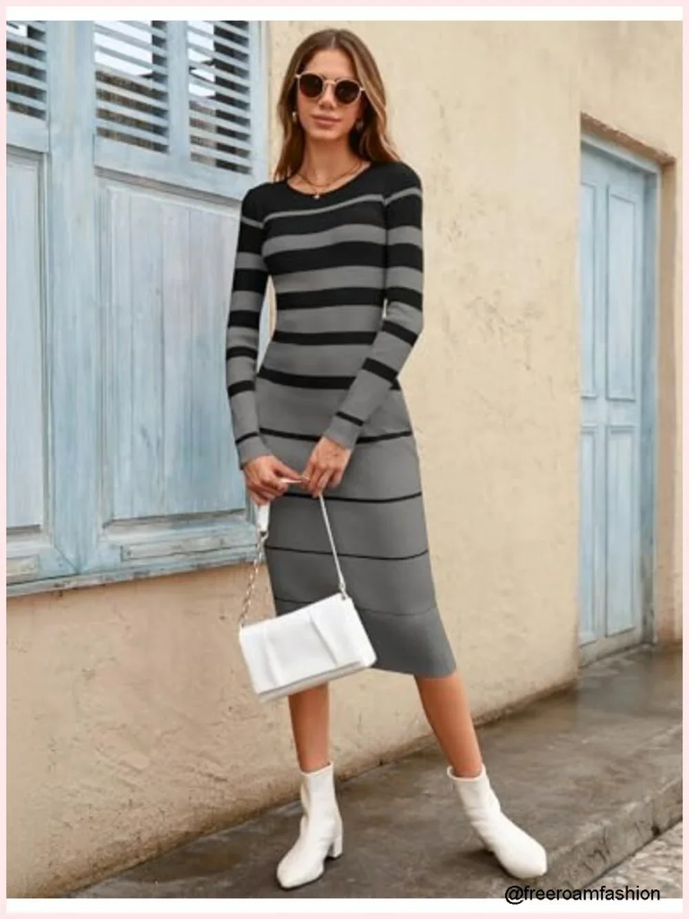 Long Sleeve Ribbed Sweater Dress Crew Neck Stripes Bodycon Midi Knit Stretch